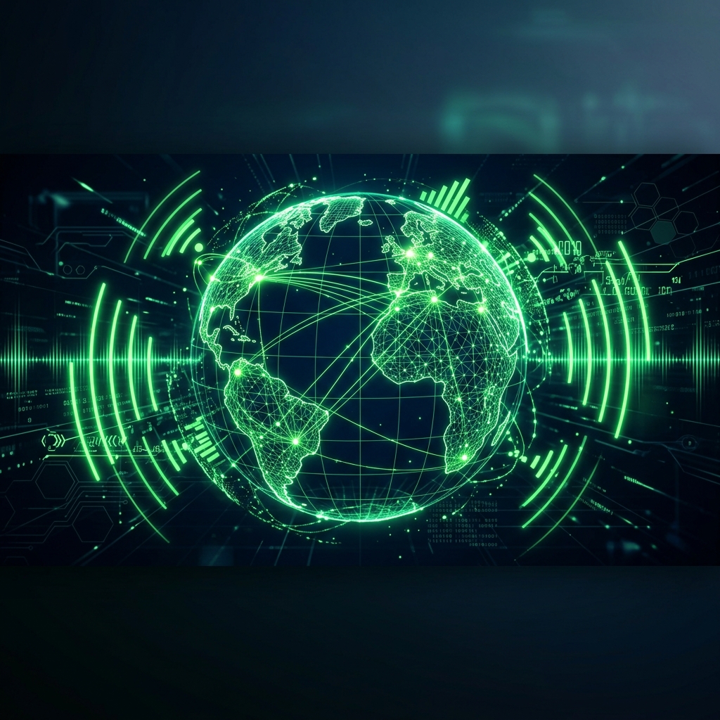 fraenk im Ausland: Globus mit neon-grünen Verbindungslinien und Roaming-Signalen
